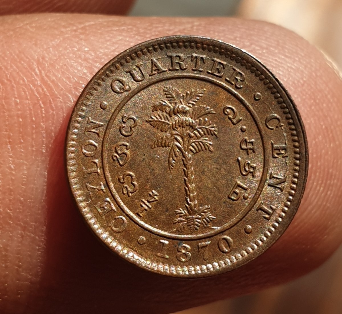 Ceylon-1870-1/4-Cent----Internal-Die-Breaks-&-Off-Struck-/-Doubling-In-Obve